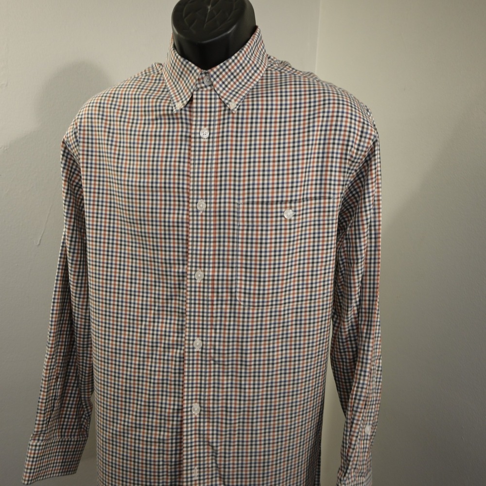 Orvis Button Up Dress Shirt Mens M Blue Gray Brown Plaid Long Sleeve Cotton